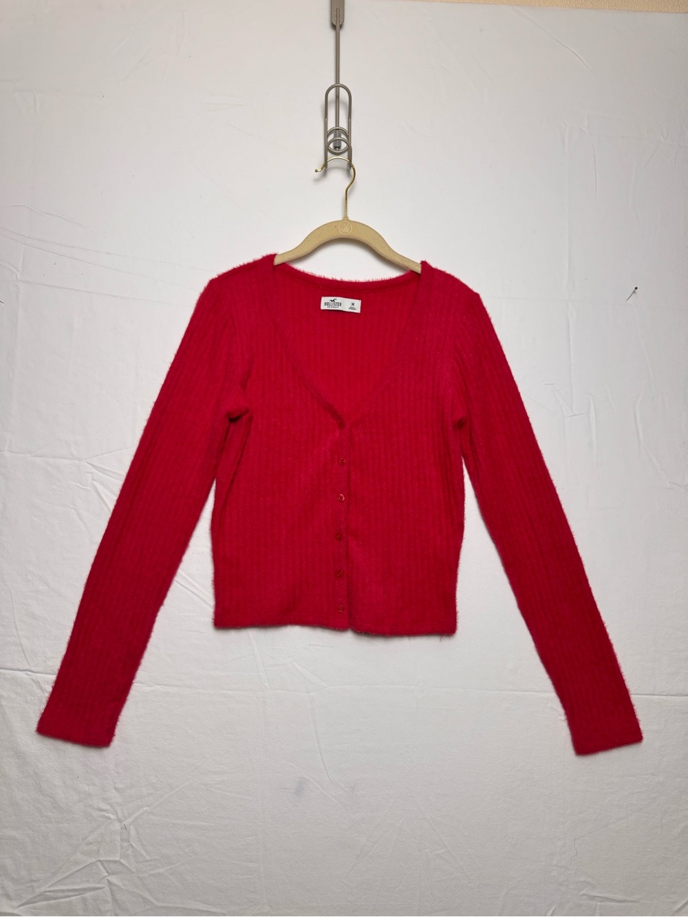 Hollister Bright Red Fuzzy Soft Cozy Ribbed Button-Front Cardigan Sweater M
